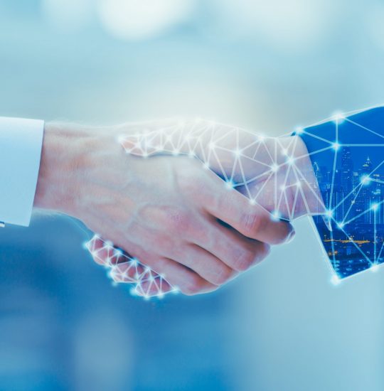 Professional teamwork and network connection technology concept, Double exposure of arab Business man handshake to his business partner with digital graphic against city night background in meeting